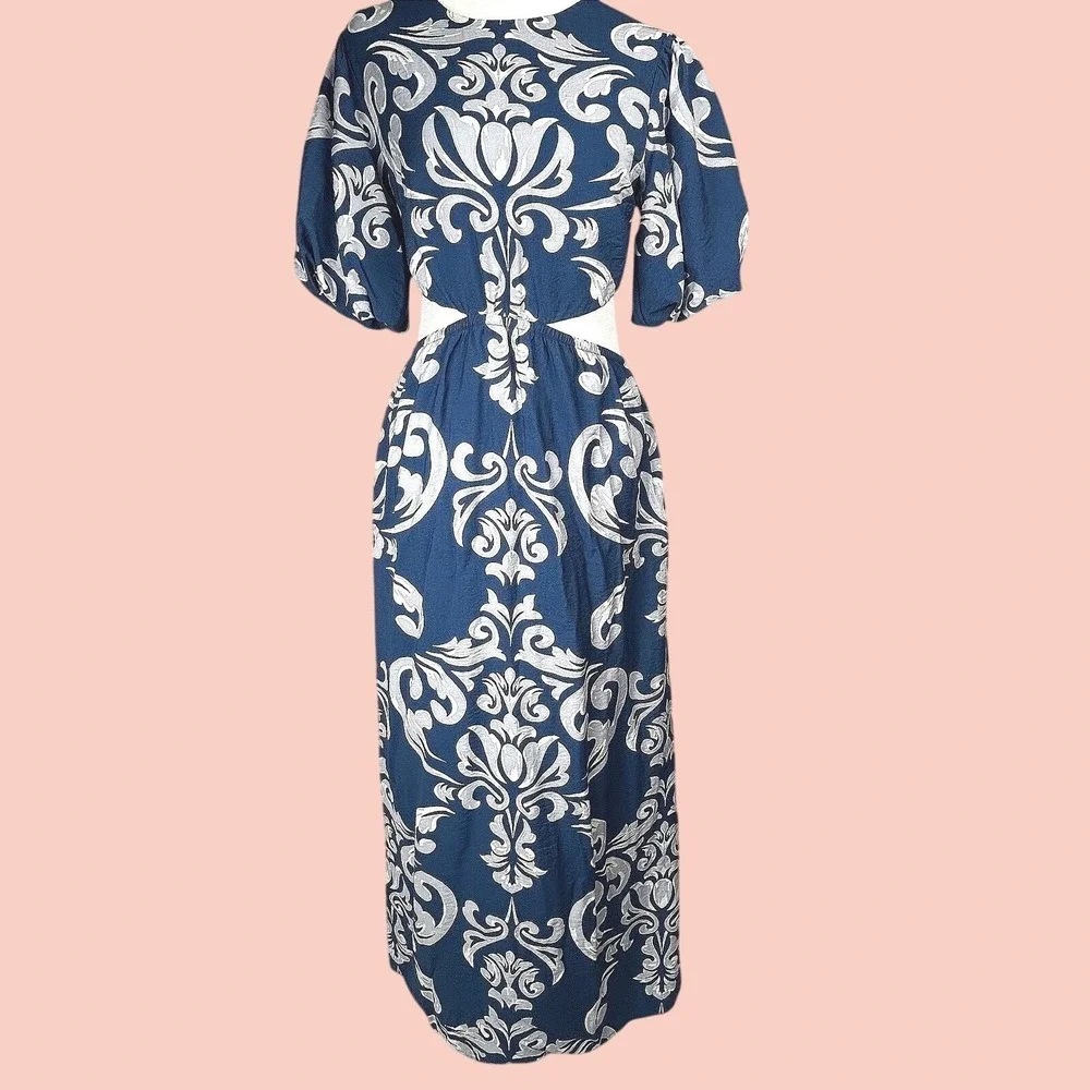 Abercrombie & Fitch Dress XS Blue Waist Cutout Damask Puff Sleeve Maxi Midi Boho